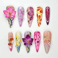 Lot de 10 faux ongles amovibles en ABS, motif floral 3D, style français, faits à la main, longs, forme Stiletto, à presser