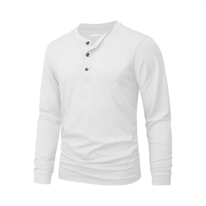 Camisas Henley de manga larga para hombre 100% sarga de algodón 3 botones primavera Casual transpirable frente en blanco Color sólido Tops suaves - Product Image 1
