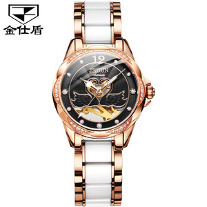 Women <b>Automatic</b> Mechanical Watch Rose Gold Ceramic Band Analog <b>Wristwatch</b> Hollow Dial for Daily Wear - Product Image 2