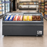 Congélateur îlot combiné professionnel grande capacité à refroidissement direct avec vitre incurvée pour présentation modulaire d'aliments surgelés en supermarché