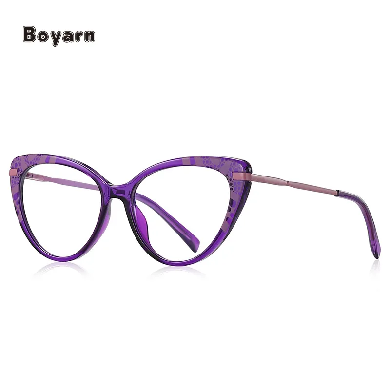 Boyarn Metal Legs Eyewear Print Flower Tr90 Frame Glasses Vintage Women Cat Eye Anti Blue Light Eyeglasses Wholesale