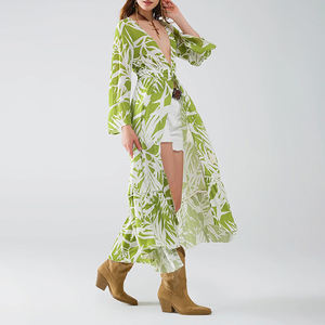 Sommer Herbst maßge schneiderte tropische Palm Print Maxi grüne Blusen Elegante Frauen Urlaub Strand tragen Langarm Damen Tank <span class=keywords><strong>Tops</strong></span> - Product Image 3