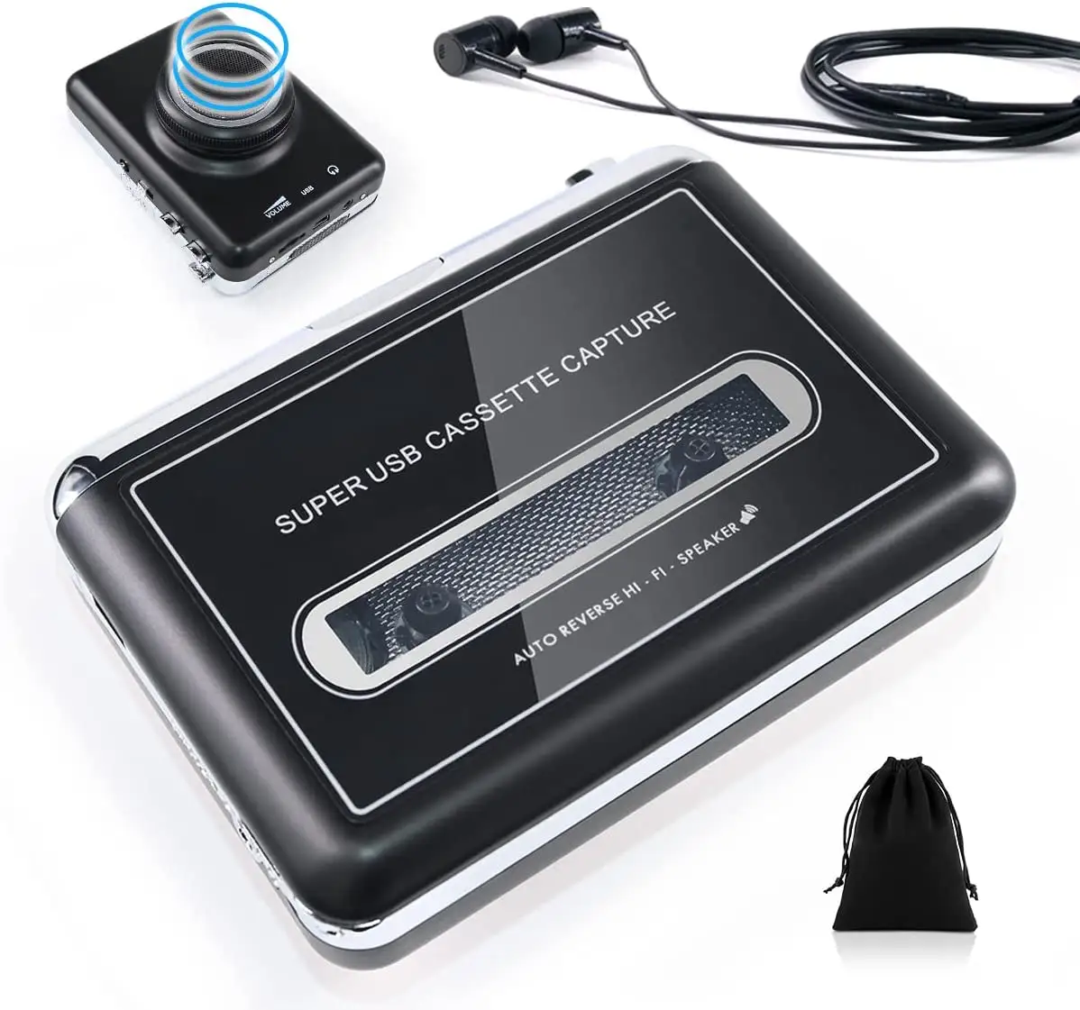 Stereo portable walkman auto reverse cassette player with earphone, detachable speaker, converter to MP3/WAV/CD via USB wire