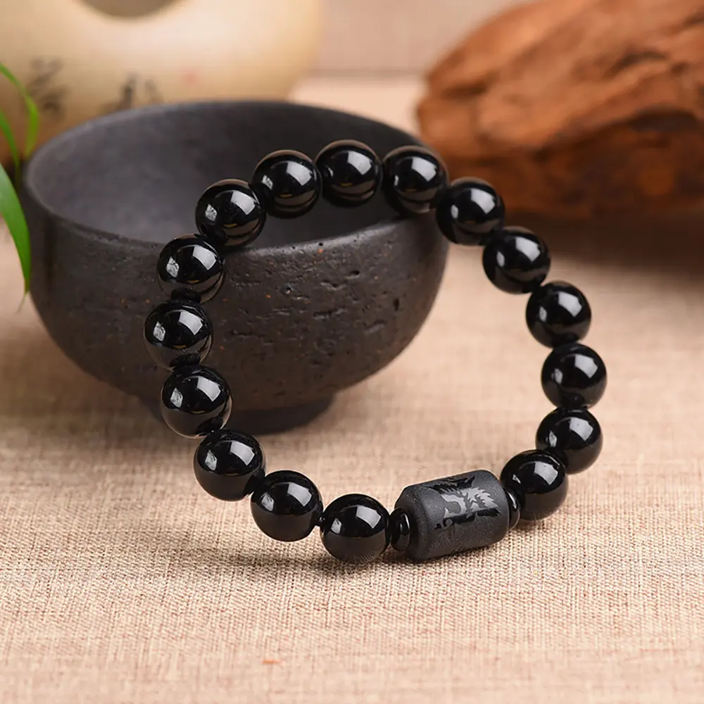 Pha Lê Obsidian Bracelet Khắc Với Rồng Hoặc Phượng Hoàng Totem Xi Lanh Hạt Nam Giới Hoặc Phụ Nữ Đá Tự Nhiên Chuỗi Thời Trang Nổi Tiếng