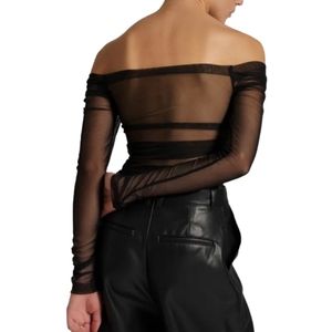 เสื้อครอปซีทรูผ้าตาข่ายจีบระบายไหล่เฉียงสำหรับผู้หญิงแฟชั่นฤดูร้อน - Product Image 5