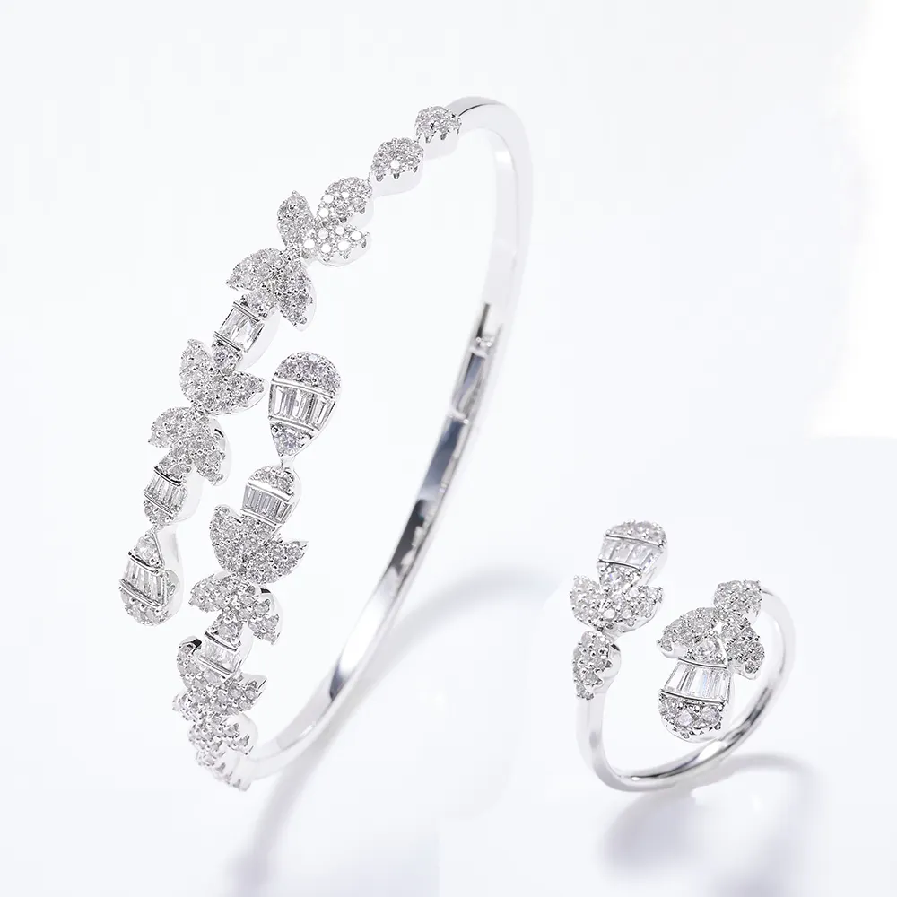 2022 New Flower Plant Style Bangle Ring for Women Cubic Zirconia Wedding Divas' Dream Bracelet Set Dubai Jewelry
