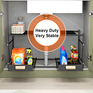 Organizador <span class=keywords><strong>Bajo</strong></span> Fregadero Metálico de 2 Niveles, Estante de Almacenamiento Multifuncional con 2 Cestas Extraíbles para Baño, Especias y Alimentos - Product Image 2