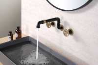 Robinet de lavabo mural encastré noir mat avec poignée, mitigeur eau chaude/froide, bec vintage pour salle de bain de loft, gîte ou hôtel