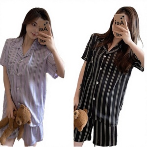 Ensemble de vêtements de nuit pour femmes, imprimé géométrique uni, manches courtes, 100% soie, doux, respirant, pyjama, vêtements de détente, vêtements de nuit - Product Image 3