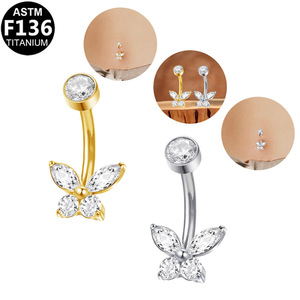 Anneau de nombril papillon plaqué titane avec zircon marquise, bijoux de corps en alliage G23 pour femmes et hommes, accessoire de piercing - Product Image 3