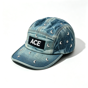 Casquette de camping unisexe 5 panneaux en denim délavé vintage avec rivets métalliques et patch ACE, option logo personnalisé, style Y2K, streetwear, chapeau d'extérieur - Product Image 3