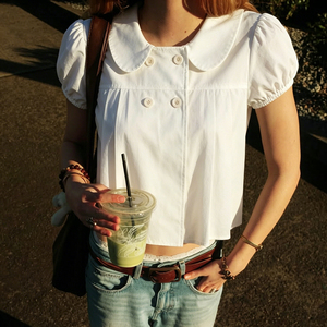 Peter Pan Collar A Line Short Sleeve Short Blouse Loose Fit Versatile Solid Color T Shirt Top for Women - Product Image 3