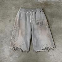 Shorts de jogging 3/4 déchirés et délavés QIANSHI en molleton bouclette pour homme, style patchwork brodé, coupe ample, pour la course à pied