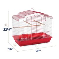Cage à oiseaux moderne en métal thermolaqué en forme de maison rouge et blanche, avec plusieurs perchoirs en bois, mangeoires transparentes et plateau coulissant pour animaux de compagnie