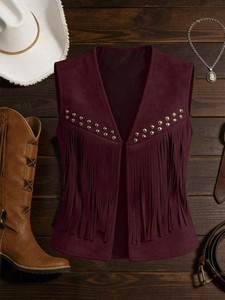 Wholesale New Western Cowgirl Faux Suede Sleeveless Vest Metal Rivet Fringe Open Front Slim Vintage Ethnic Layering <strong>Waistcoat</strong> - Product Image 6