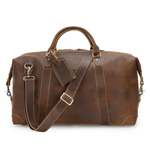 Custom Logo Vintage Italian Brown Genuine Leather Travel Weekender Duffle Bag with Zipper Closure Business Duffel Bag for Men