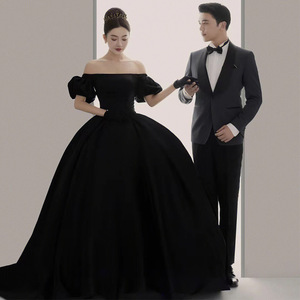 Off-Shoulder Satin Ball Gown Wedding Dress Black Natural Waist Vintage Style Hepburn Inspired Full Skirt Formal Evening Wear - Product Image 1