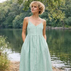 Abito Casual <span class=keywords><strong>in</strong></span> Puro Lino su Misura per Signore <span class=keywords><strong>in</strong></span> Verde Chiaro con Strisce e Collo all'Americana Abito Casual ed Elegante per Signore - Product Image 3