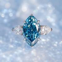 Bague en diamant bleu fantaisie certifié IGI, cultivé en laboratoire, or massif 18 carats, coupe marquise, 3 pierres