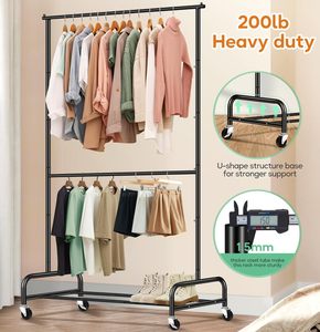 Porte-vêtements à double tige en métal noir robuste avec roues Organisateur de vêtements de salon de style simple pour <span class=keywords><strong>literie</strong></span> et sacs - Product Image 2
