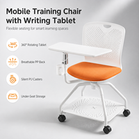 Chaise de formation à cadre en plastique avec tablette d'écriture pliable, bras de tablette rotatif à 360 degrés, porte-gobelet et panier de rangement pour salle de classe et formation