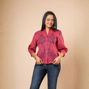 Chemisier polyvalent en lin rose de qualité supérieure avec broderie florale, respirant, idéal pour toutes les saisons, pour femme - Product Image 1