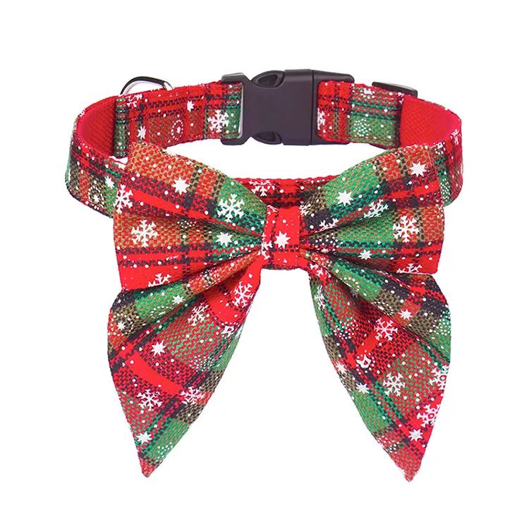 manufacturer fashionable cheap adjustable christmas red check pet dog cotton collar with snowflake printed