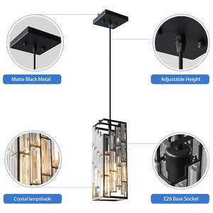 Lámpara colgante de cristal rectangular negra E27 LED con interruptor, fácil instalación para cocina, sala de estar, dormitorio, hotel - Product Image 4