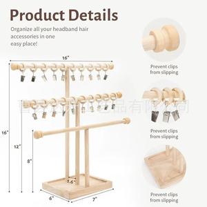 Wooden Hair Accessory Storage Rack 3 Tier For Kids Bedroom Standing Organizer With <b>Clips</b> And <b>Hooks</b> - Product Image 4