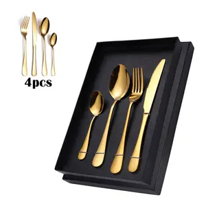 Juego de cubiertos de acero inoxidable 430, caja de regalo de 4 piezas de metal dorado elegante y brillante para restaurante de boda, cuchara y tenedor