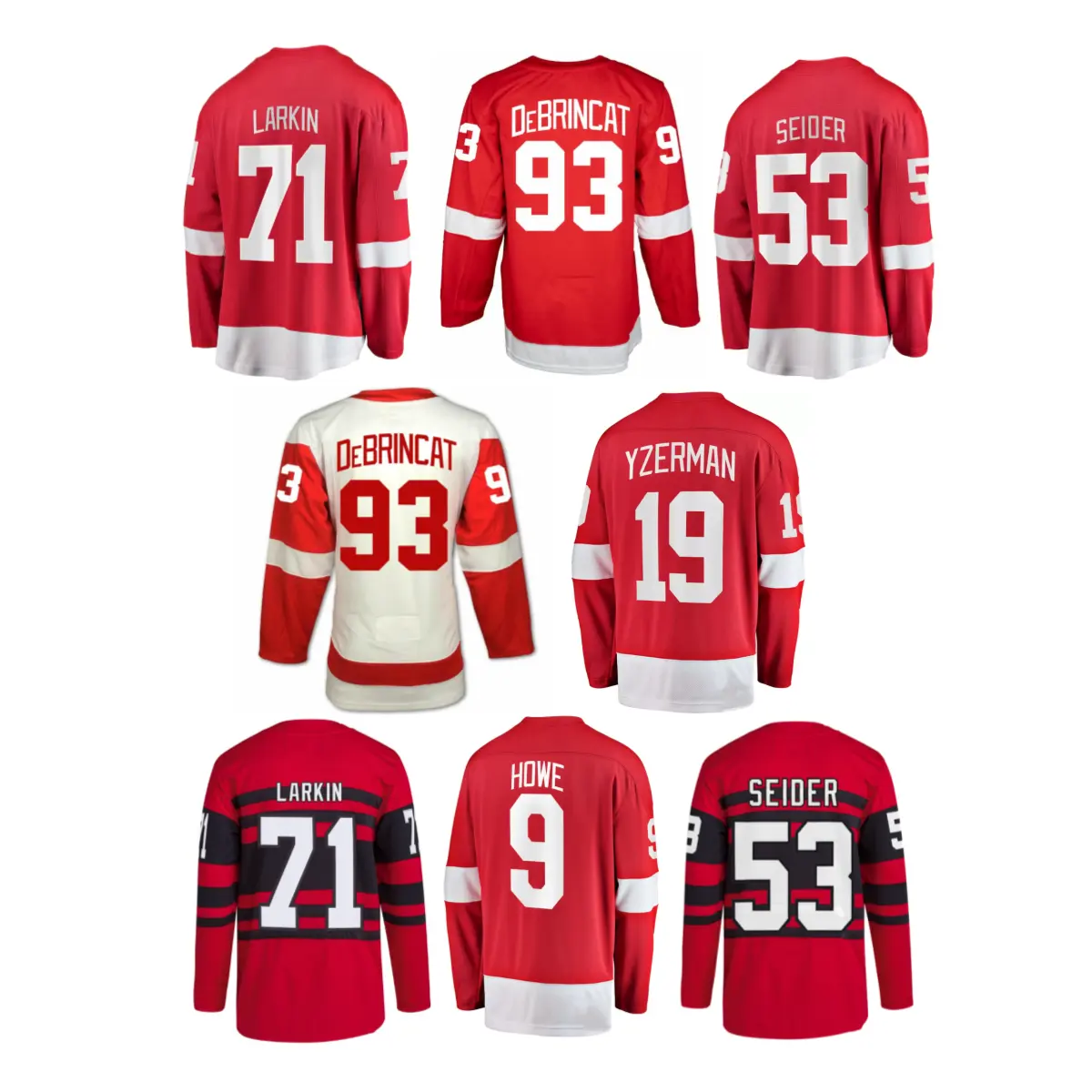 Top Costurado Camisolas De Hóquei No Gelo Detroit 71 Dylan Larkin 88 Patrick Kane 93 Alex DeBrinck 53 Moritz Seider 19 Yzerman 9 Howe