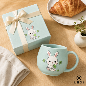 Set <span class=keywords><strong>di</strong></span> Tazze in Ceramica Verde Menta e Rosa, Coniglietto Bianco con Quadrifoglio, Regalo per Bambini, Design Primaverile in Porcellana - Product Image 3