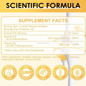 ODM takviyeleri Vegan kalsiyum 5000iu <span class=keywords><strong>Vitamin</strong></span> <span class=keywords><strong>D3</strong></span> K2 Softgels <span class=keywords><strong>D3</strong></span> + K2 200mg yumuşak kapsüller bağışıklık kemik eklemi artırır - Product Image 6