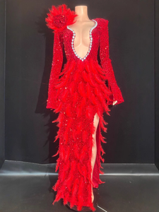 Elegante <span class=keywords><strong>Abito</strong></span> da Sera <span class=keywords><strong>Rosso</strong></span> Lungo fino al Pavimento per Donne, Lussuoso con <span class=keywords><strong>Spacco</strong></span> Alto, Paillettes e Strass in Tessuto di Lana - Product Image 1