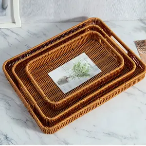 Hand-woven PP Rattan Rectangle Basket for Storage of Bread and Fruits