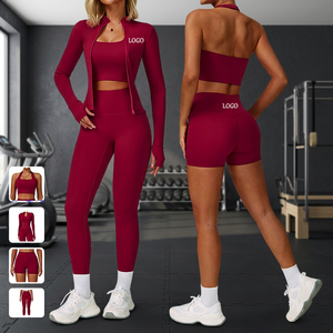 Ensemble de yoga 2 pièces pour femme, couleur unie, legging taille haute, crop top, veste à quart de zip, sans couture, en spandex et polyester, tenue de sport - Product Image 1