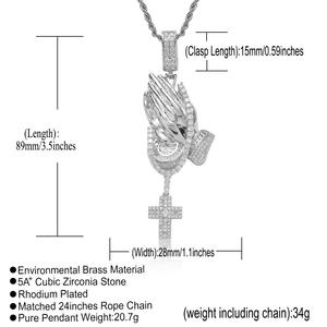 BESDZ0515 Collana con Ciondolo a Croce in Ottone Stile Hip Hop Europeo e Americano, Mani Intrecciate in Preghiera, Catena a Corda Retrò alla Moda - Product Image 2