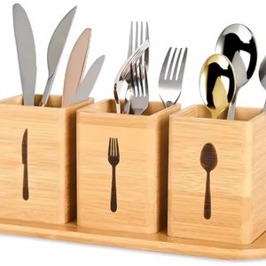 Caja de almacenamiento de cubiertos de bambú, organizador de cocina con 3 compartimentos, almacenamiento de escritorio ecológico para tenedores, cucharas y cuchillos - Product Image 1