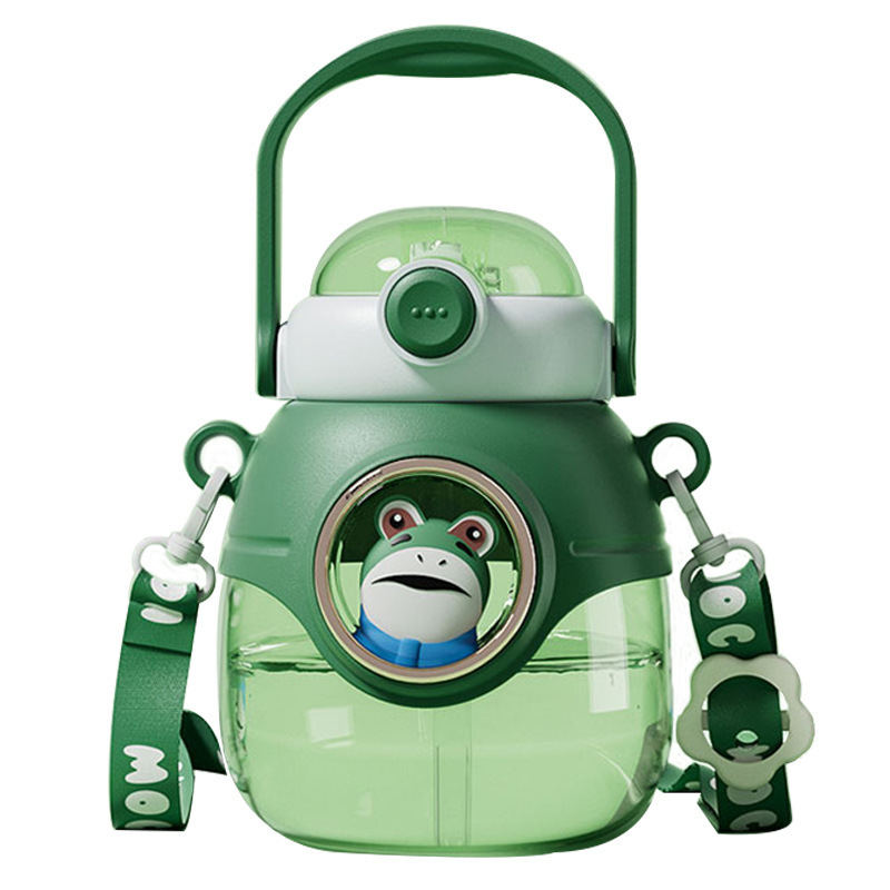 Kawaii Frosch Trinkflasche 850 Ml – Mit Strohhalm, Schultergurt & Süßen Aufklebern