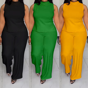 Ensemble pantalon décontracté ample à col en nœud sans manches en couleur unie pour femmes grande taille, nouvelle collection été <span class=keywords><strong>2024</strong></span>, style européen et américain - Product Image 1