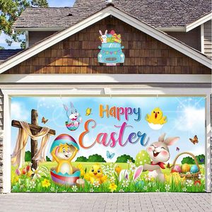 Bannière de porte de garage de Pâques, motif lapins bruns mignons, panier et œufs colorés floraux, housse de porte de garage personnalisable, décoration extérieure pour fête - Product Image 2
