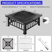 Table de foyer extérieur 32/34 pouces avec poêle carré en acier et écran en maille, fonction de chauffage