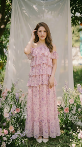 Robe longue rose à fleurs pour femme, épaules dénudées, manches courtes à volants, superposée, robe d'été, design personnalisé, meilleur prix, approvisionnement direct - Product Image 4