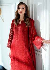 Élégant ensemble 3 pièces en tissu lawn rouge cramoisi brodé avec manches en dentelle et dupatta - Product Image 3