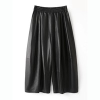 Pantalon en cuir d'agneau tanné végétal pour femme HN6603, taille mi-haute élastique, jambe large, longueur cheville, noir, en peau de mouton