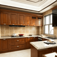 Cuisine modulaire de style européen sur mesure, armoires vertes peintes, portes à panneaux surélevés, îlot en forme de L, stratifié, panneau mélaminé, marbre