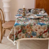 Nappe de style campagnard américain, durable, en coton et lin, motifs floraux peints à l'huile, adaptée aux tables à manger/à café à la maison