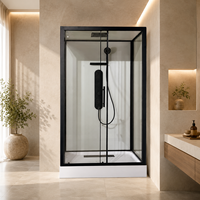 Cabine de douche rectangulaire intégrée noire avec panneau de douche à jets, porte coulissante et pommeau de douche pluie pour salle de bain moderne