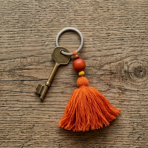 Bohemian Orange <b>Tassel</b> Keychain With Vintage Brass <b>Key</b> And Wooden Beads <b>For</b> Indoor Home Decor Entryway Hanging - Product Image 1