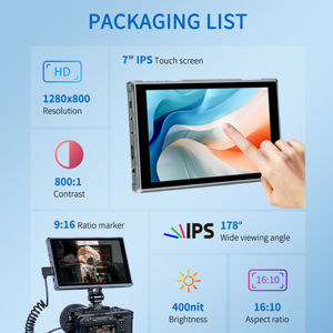 Moniteur de terrain pour caméra FW759 PRO à <span class=keywords><strong>écran</strong></span> tactile 7 pouces IPS 1280x800 avec entrée casque stéréo 3,5 mm et Type-C pour la réalisation de films - Product Image 4